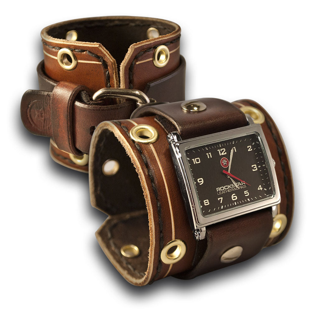 Wide Brown Leather Cuff Watch with Stitching and Eyelets-Leather Cuff Watches-Rockstar Leatherworks™