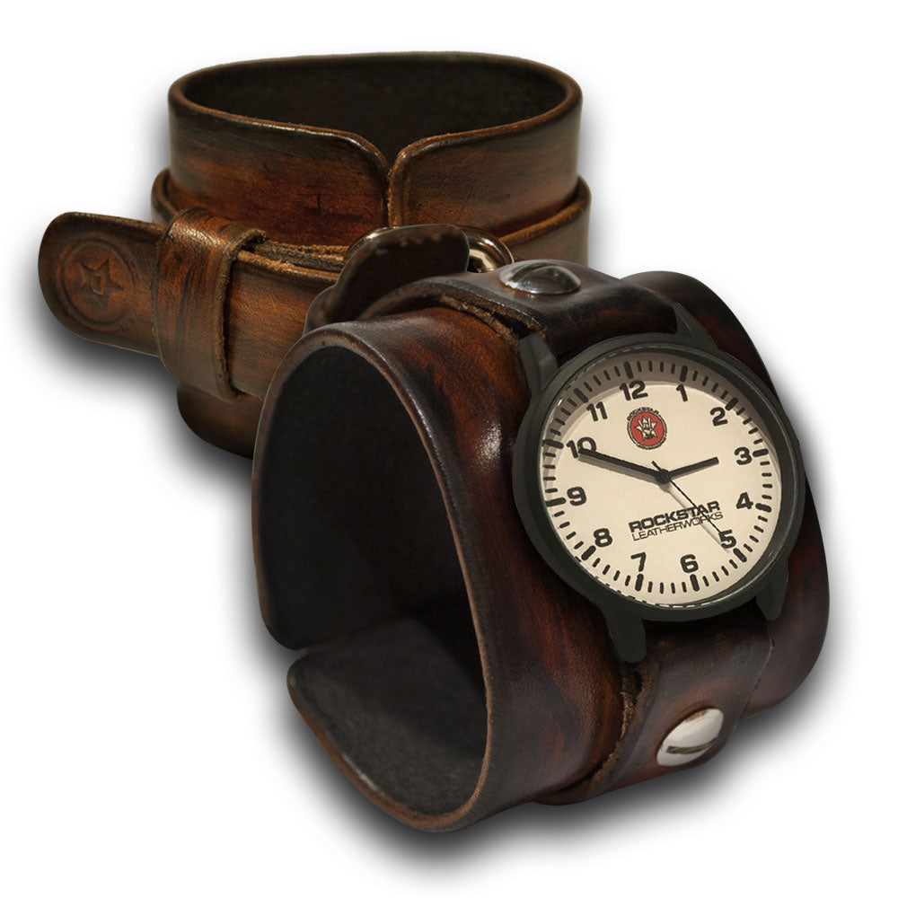 Timber Brown Stressed Leather Cuff Watch with a White Face-Leather Cuff Watches-Rockstar Leatherworks™