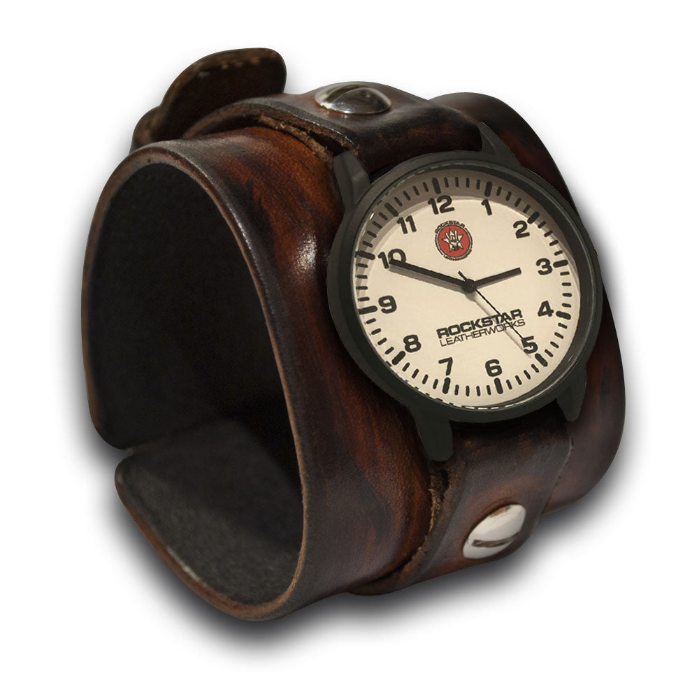 Timber Brown Stressed Leather Cuff Watch with a White Face-Leather Cuff Watches-Rockstar Leatherworks™