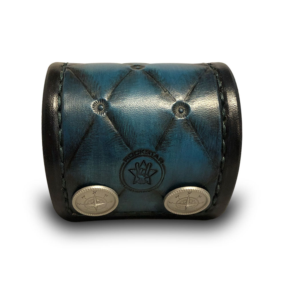 Turquoise Quilted Leather Cuff with Stitching and Snaps-Leather Cuffs & Wristbands-Rockstar Leatherworks™
