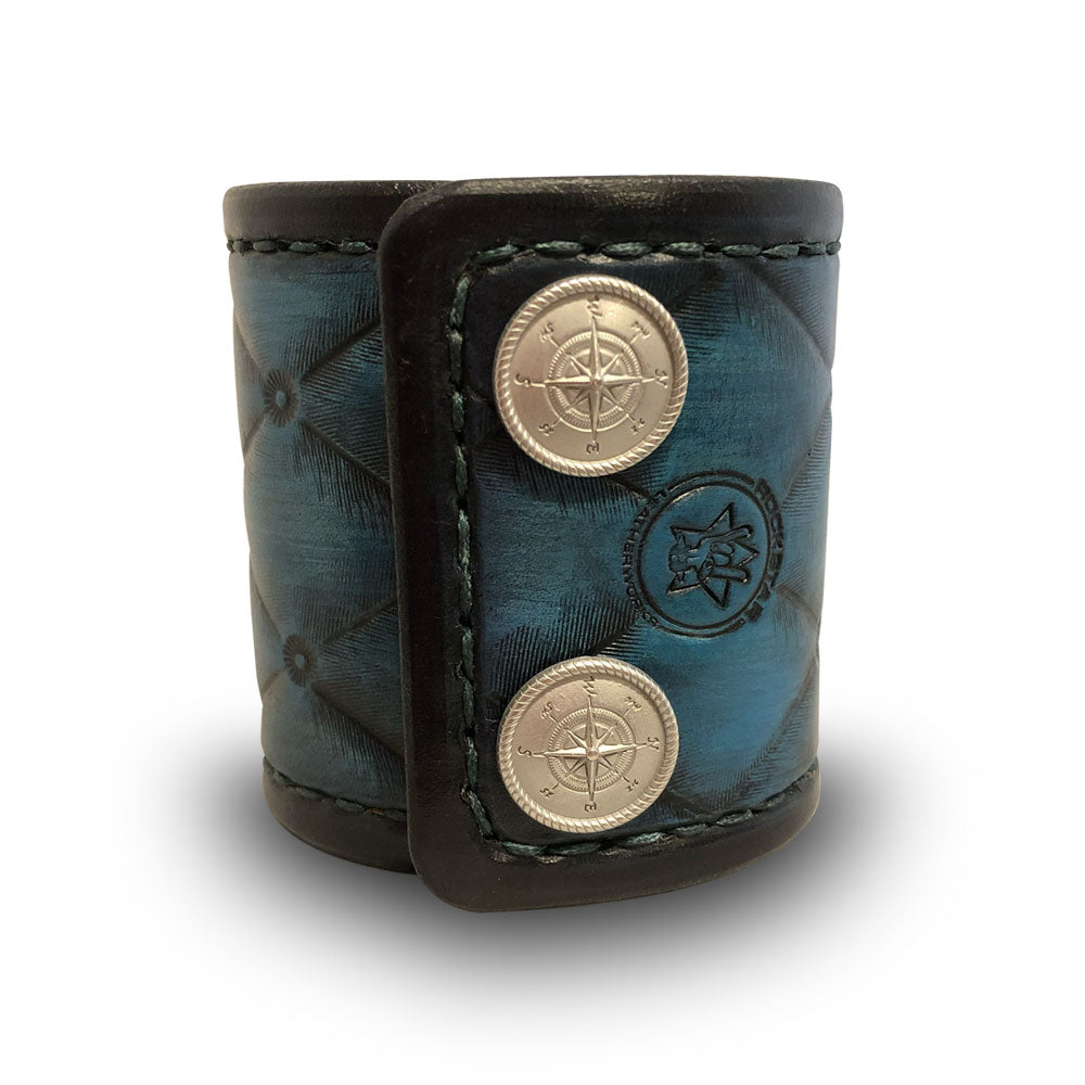 Turquoise Quilted Leather Cuff with Stitching and Snaps-Leather Cuffs & Wristbands-Rockstar Leatherworks™