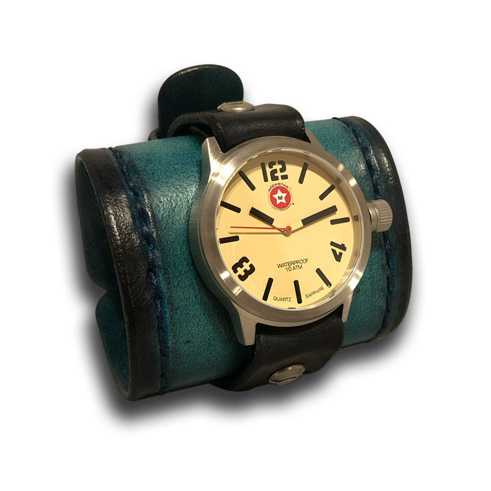 Turquoise Leather Cuff Watch with Stainless 42mm-Leather Cuff Watches-Rockstar Leatherworks™