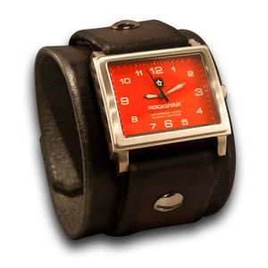 Dark Brown Leather Cuff Watch with Red Stainless Watch-Leather Cuff Watches-Rockstar Leatherworks™