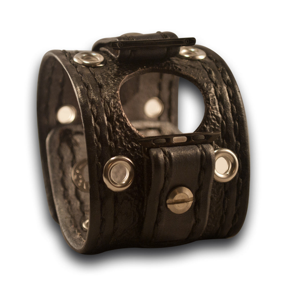 Black Apple iWatch Leather Cuff Watch Band with Celtic Snaps & Eyelets-Custom Handmade Leather Watch Bands-Rockstar Leatherworks™