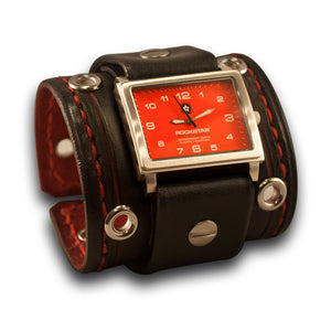 Black & Red 42mm Leather Cuff Watch with Stitching & Eyelets-Leather Cuff Watches-Rockstar Leatherworks™