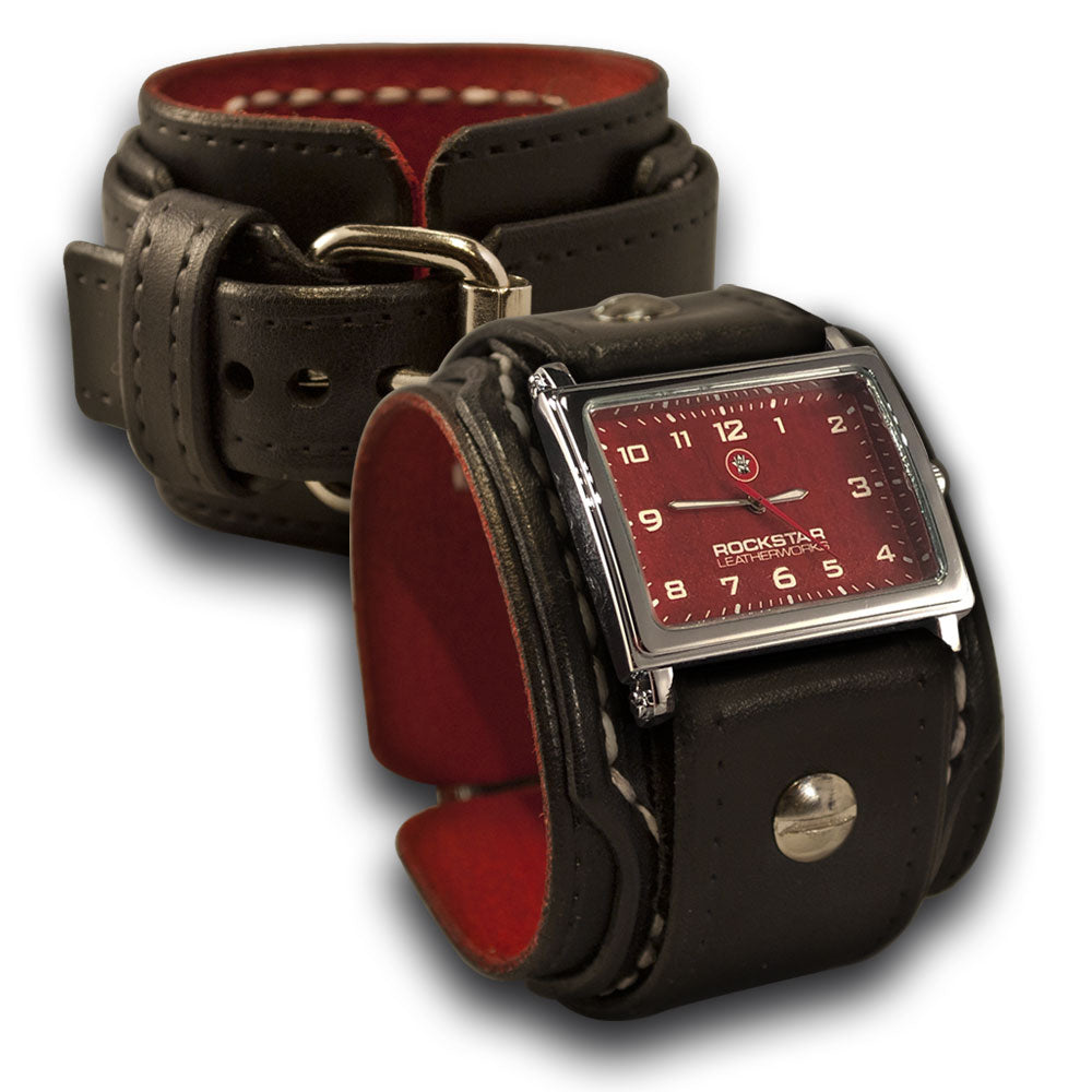Black Layered Leather Cuff Watch with White Stitching-Leather Cuff Watches-Rockstar Leatherworks™
