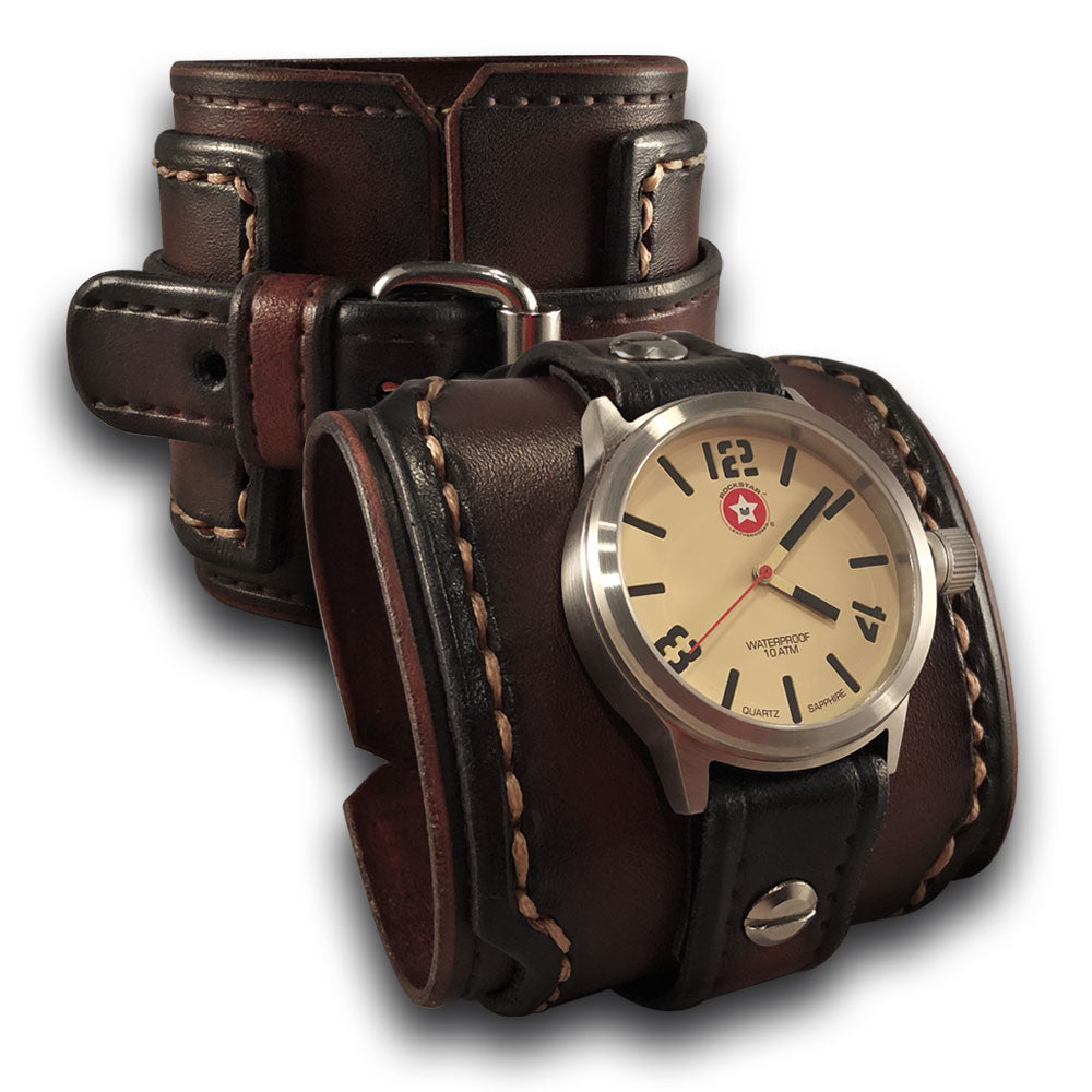 Bordeaux Stressed Layered Leather Cuff Watch with Stainless 42mm-Leather Cuff Watches-Rockstar Leatherworks™