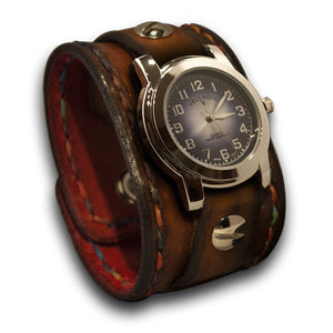 Brown Leather Cuff Watch w/ Celtic Snap & Multi-Color Stitching-Leather Cuff Watches-Rockstar Leatherworks™