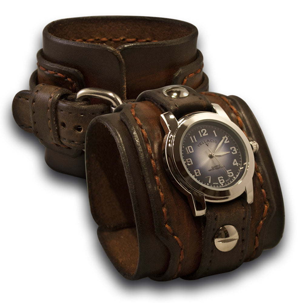 Brown Stressed Layered Leather Cuff Watch with Rust Stitching-Leather Cuff Watches-Rockstar Leatherworks™