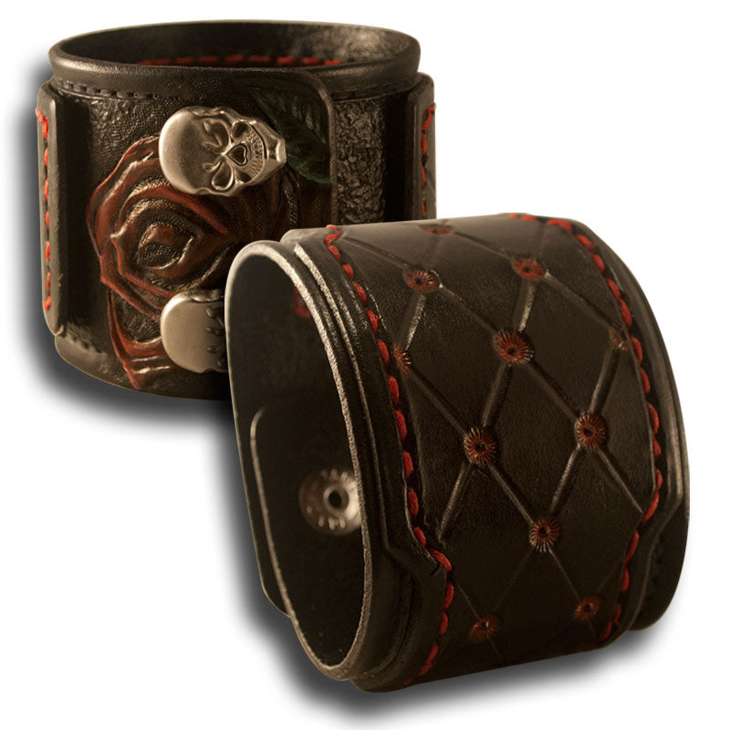 Black Layered Cuff with Rose, Skull Snaps & Red Stitching-Leather Cuffs & Wristbands-Rockstar Leatherworks™