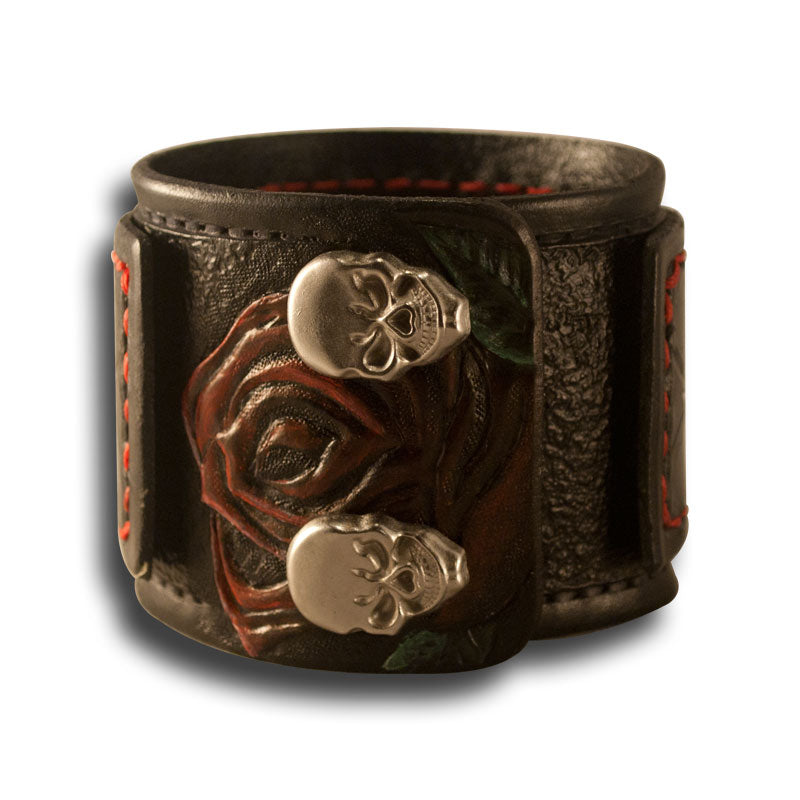 Black Layered Cuff with Rose, Skull Snaps & Red Stitching-Leather Cuffs & Wristbands-Rockstar Leatherworks™