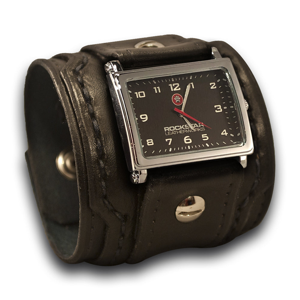 Black Layered Leather Cuff Watch with Skull Snaps-Leather Cuff Watches-Rockstar Leatherworks™