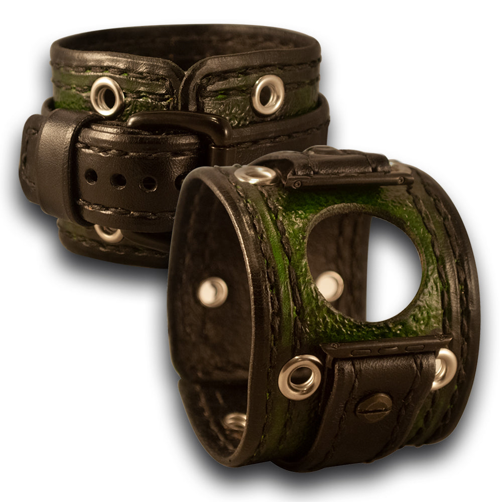 Green & Black Apple iWatch Leather Cuff Watch Band with Eyelets-Custom Handmade Leather Watch Bands-Rockstar Leatherworks™