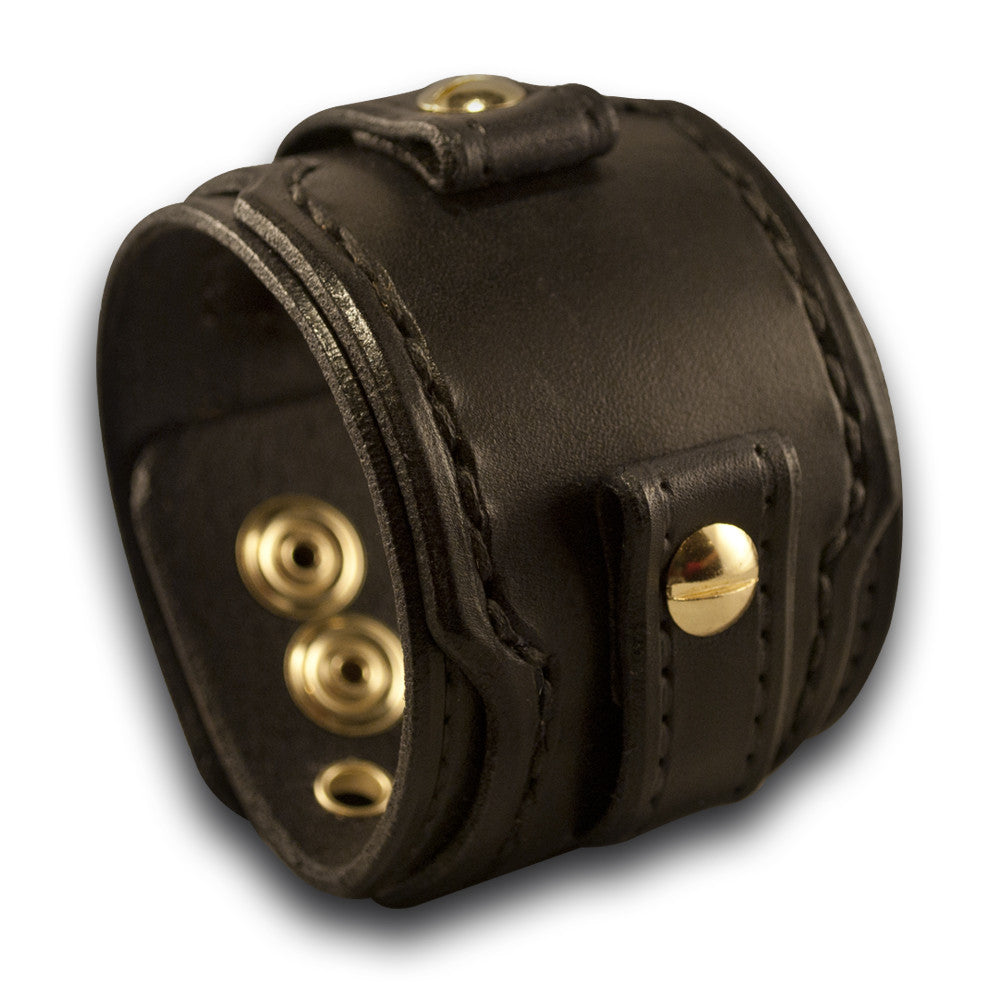 Black Layered Leather Cuff Watch Band with Eyelets & Snaps-Custom Handmade Leather Watch Bands-Rockstar Leatherworks™