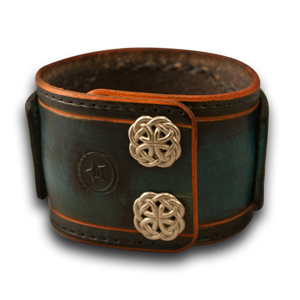 Blue, Turquoise & Orange Leather Cuff Watch Band w/ Celtic Snaps-Custom Handmade Leather Watch Bands-Rockstar Leatherworks™