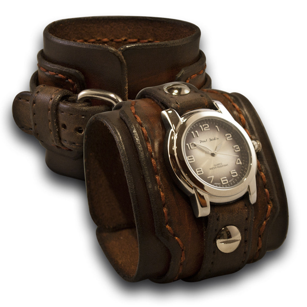 Timber & Bison Brown Layered Leather Cuff Watch with Stitching-Leather Cuff Watches-Rockstar Leatherworks™