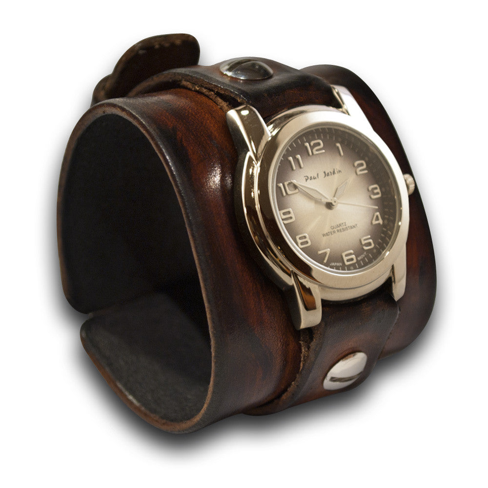 Brown Stressed Leather Cuff Watch with Black & Silver Face-Leather Cuff Watches-Rockstar Leatherworks™