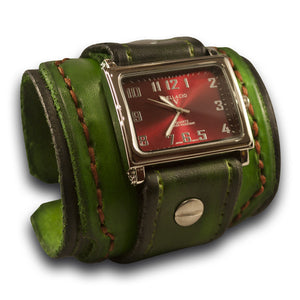 Forest Green Stressed Layered Leather Cuff Watch with Stitching-Leather Cuff Watches-Rockstar Leatherworks™