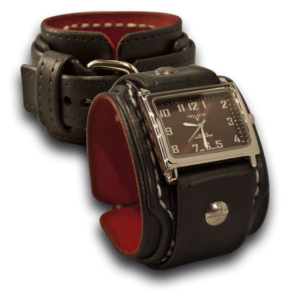 Black Layered Leather Cuff Watch with Stitching & Buckle-Leather Cuff Watches-Rockstar Leatherworks™