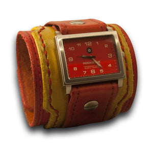 Red & Yellow Leather Layered Cuff Watch - Stainless Sapphire-Leather Cuff Watches-Rockstar Leatherworks™