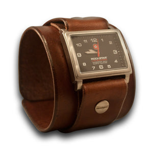 Light Brown Leather Cuff Watch - Stainless 42mm, Sapphire-Leather Cuff Watches-Rockstar Leatherworks™