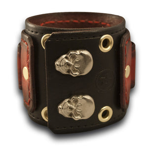 Red & Black Layered Leather Cuff Watch with Skull Snaps & Eyelets-Leather Cuff Watches-Rockstar Leatherworks™