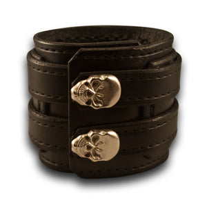 Black Layered Double Strap Leather Cuff with Skull Snaps-Leather Cuffs & Wristbands-Rockstar Leatherworks™