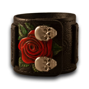 Black Layered & Quilted Cuff with Rose, Skull Snaps & Red Stitching-Leather Cuffs & Wristbands-Rockstar Leatherworks™