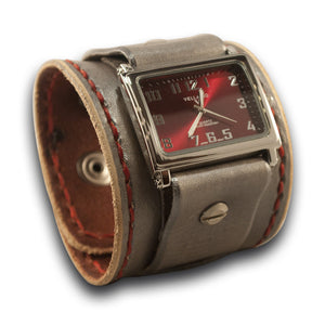 Sliver & Red Leather Cuff Watch with Stitching and Snaps-Leather Cuff Watches-Rockstar Leatherworks™