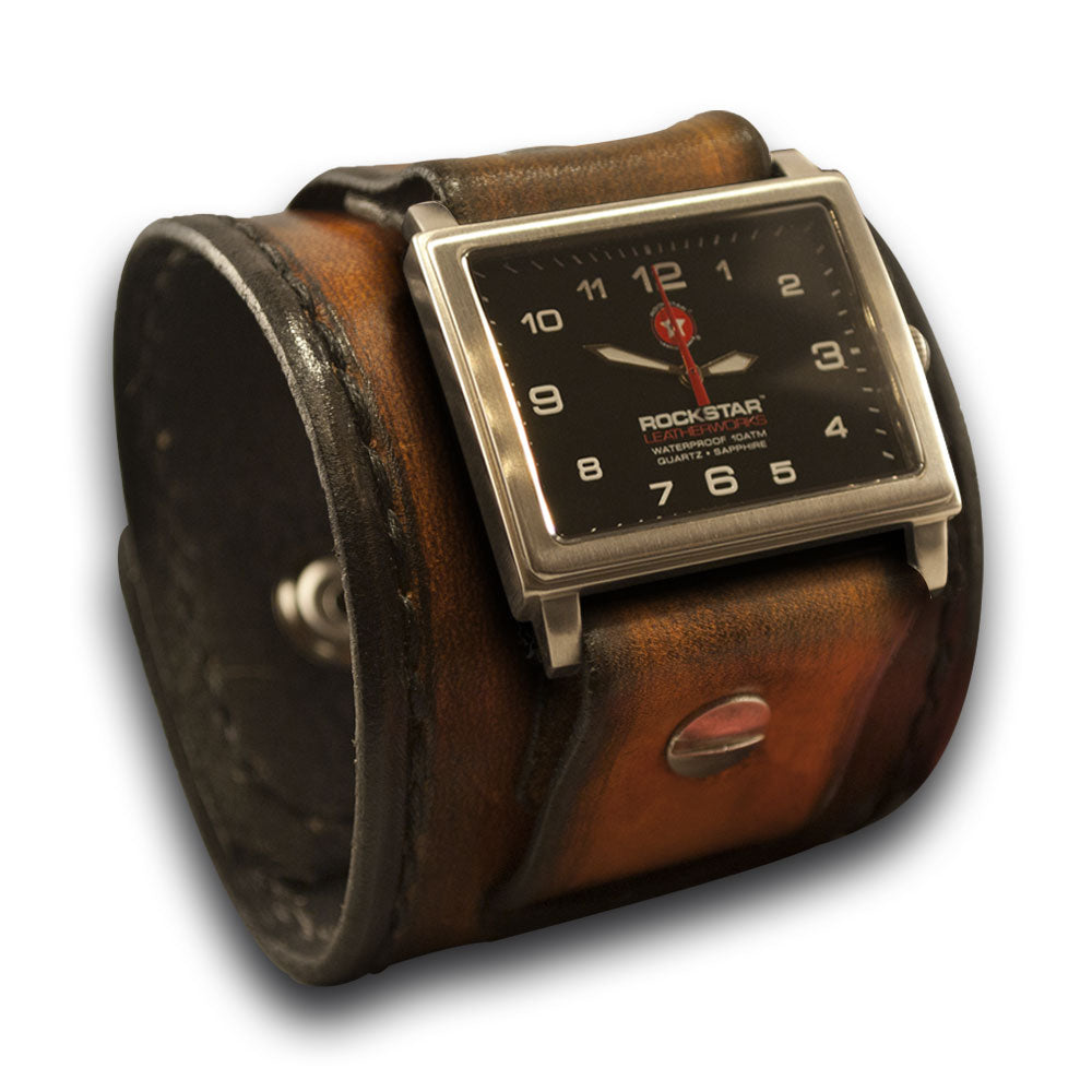 Brown Stressed Leather Cuff Watch with Stitching & Skull Snaps-Leather Cuff Watches-Rockstar Leatherworks™