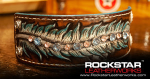 Leather Cuff Wristband with Feather, Stones & Cross Snaps-Leather Cuffs & Wristbands-Rockstar Leatherworks™