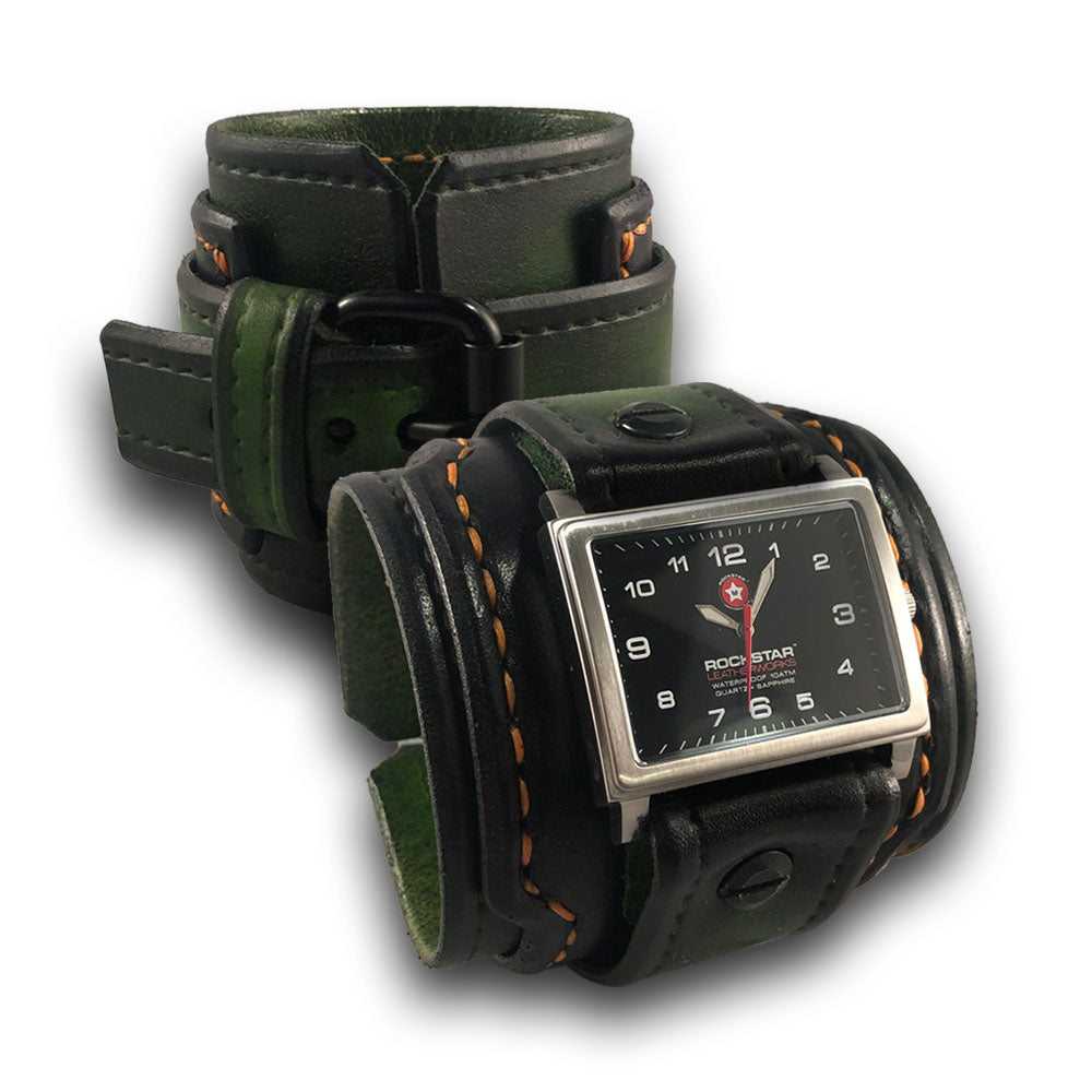 Forest Green Layered Wide Leather Cuff Watch with 42mm-Leather Cuff Watches-Rockstar Leatherworks™