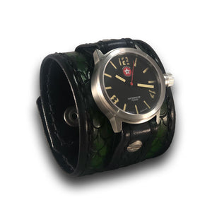 Green Dragon Scale Leather Watch with Snaps & Stainless 42mm-Leather Cuff Watches-Rockstar Leatherworks™