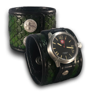 Green Dragon Scale Leather Watch with Snaps & Stainless 42mm-Leather Cuff Watches-Rockstar Leatherworks™