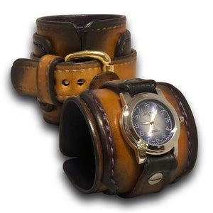 Tan Stressed Layered Leather Cuff Watch with Rust Stitching-Leather Cuff Watches-Rockstar Leatherworks™