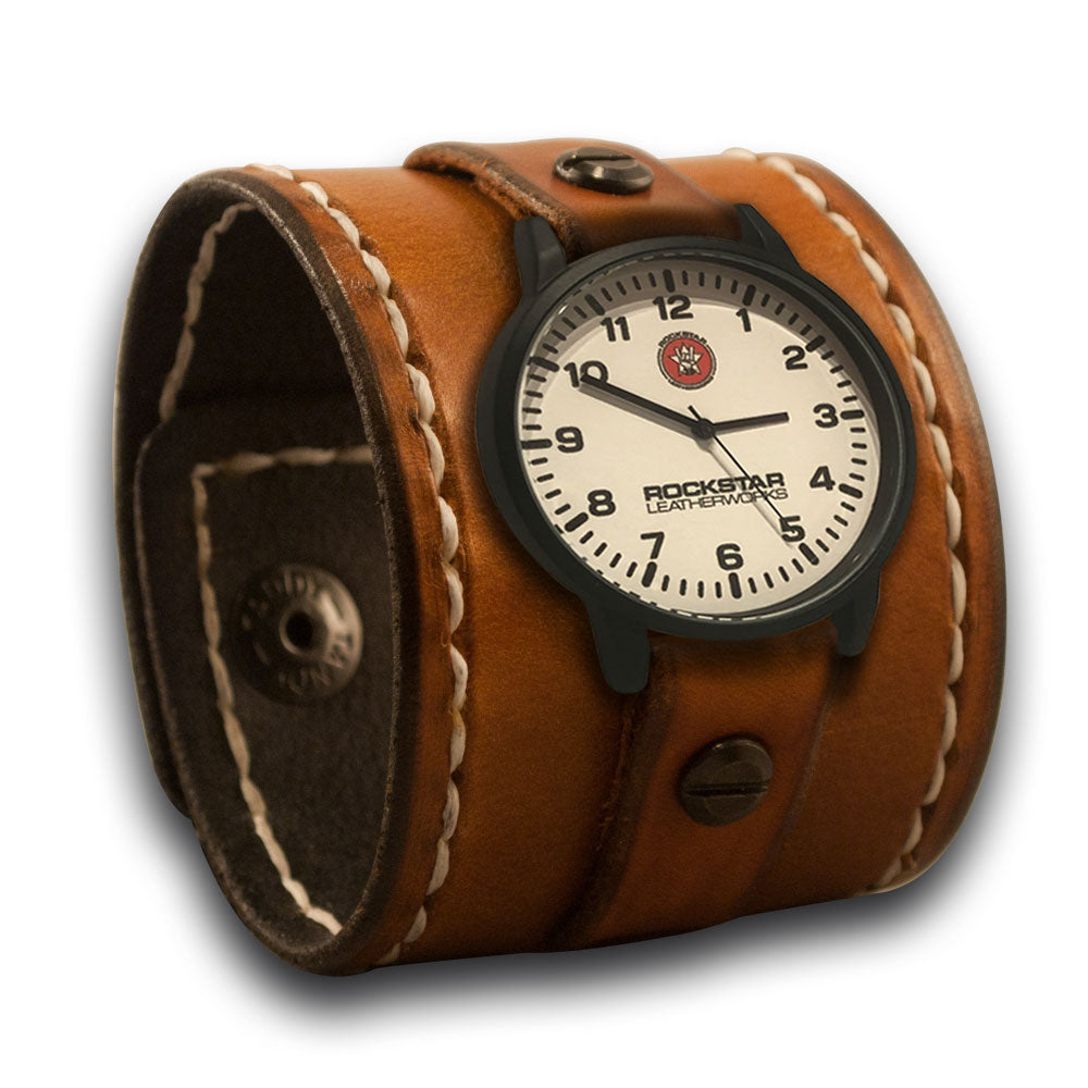 Range Tan Leather Cuff Watch with Stitching & Black Snaps-Leather Cuff Watches-Rockstar Leatherworks™