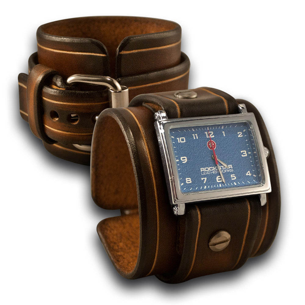 Brown Stressed Leather Cuff Watch with Blue Watch Face-Leather Cuff Watches-Rockstar Leatherworks™