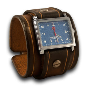 Brown Stressed Leather Cuff Watch with Blue Watch Face-Leather Cuff Watches-Rockstar Leatherworks™