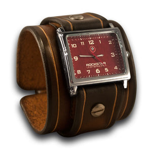 Brown Stressed Leather Cuff Watch with Red Watch Face-Leather Cuff Watches-Rockstar Leatherworks™