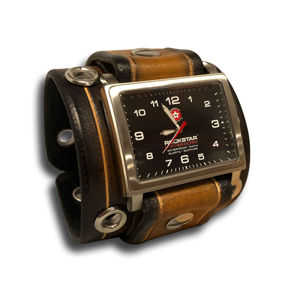 Brown Stressed Leather Cuff Watch w/ Stainless Eyelets & Etching-Leather Cuff Watches-Rockstar Leatherworks™