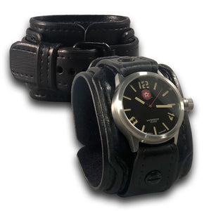 Black Layered Leather Cuff Watch with 42mm Stainless-Leather Cuff Watches-Rockstar Leatherworks™