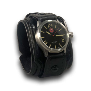 Black Layered Leather Cuff Watch with 42mm Stainless-Leather Cuff Watches-Rockstar Leatherworks™