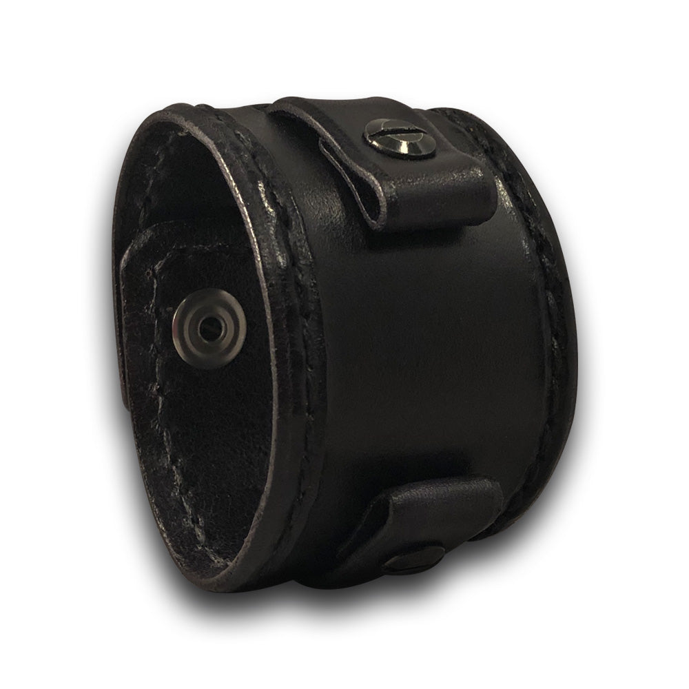 Wide Black Leather Cuff Watch Band with Stitching and Skull Snaps-Custom Handmade Leather Watch Bands-Rockstar Leatherworks™