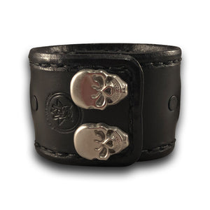 Wide Black Leather Cuff Watch Band with Stitching and Skull Snaps-Custom Handmade Leather Watch Bands-Rockstar Leatherworks™