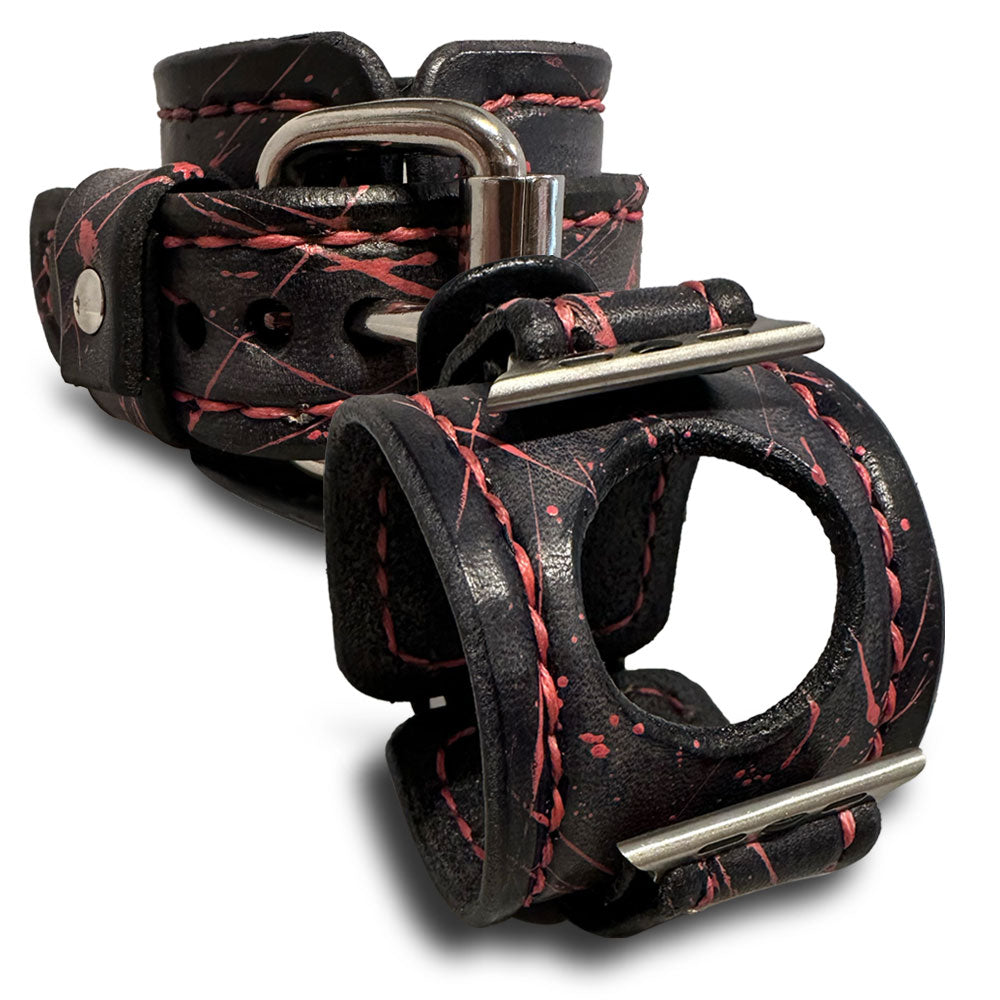 Slate with Pink Splatter Apple Leather Cuff Watch Band-Custom Handmade Leather Watch Bands-Rockstar Leatherworks™