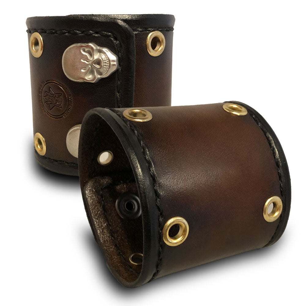 Bison Brown Leather Cuff with Eyelets, Stitching &amp; Skull Snaps-Leather Cuffs &amp; Wristbands-Rockstar Leatherworks™