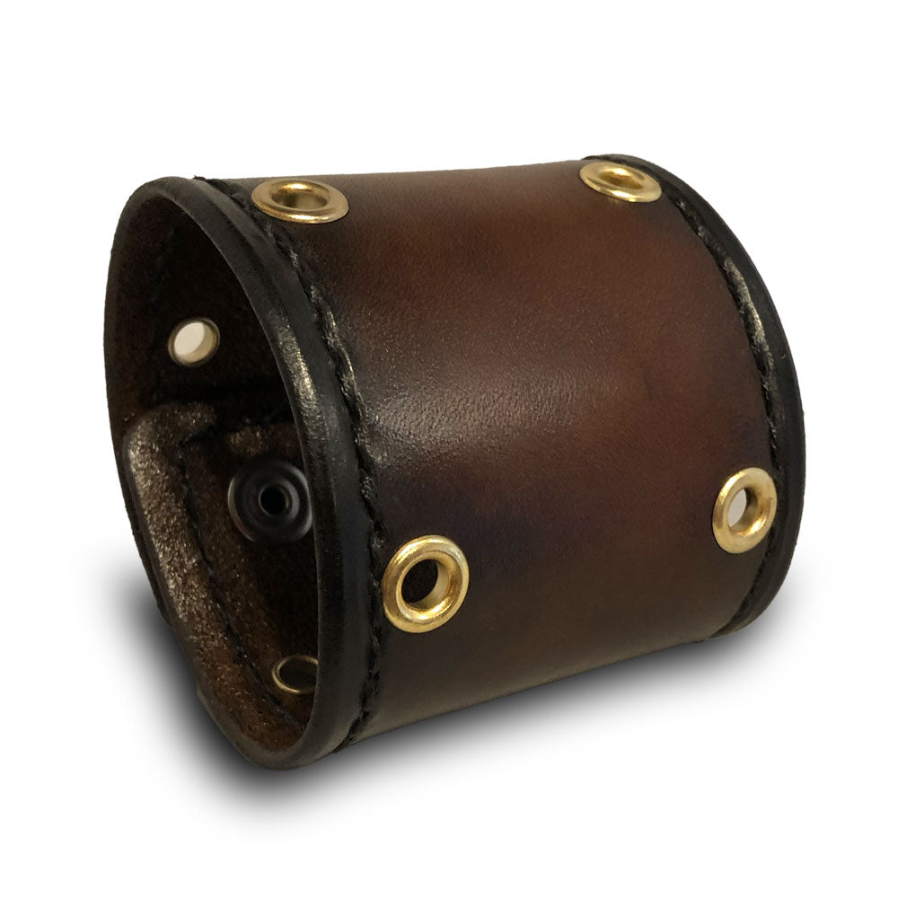 Bison Brown Leather Cuff with Eyelets, Stitching & Skull Snaps-Leather Cuffs & Wristbands-Rockstar Leatherworks™