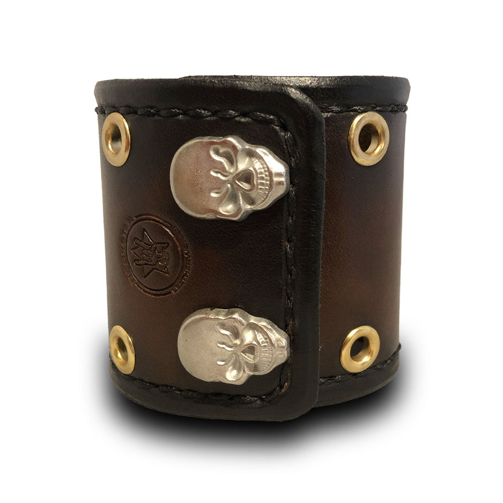 Bison Brown Leather Cuff with Eyelets, Stitching & Skull Snaps-Leather Cuffs & Wristbands-Rockstar Leatherworks™