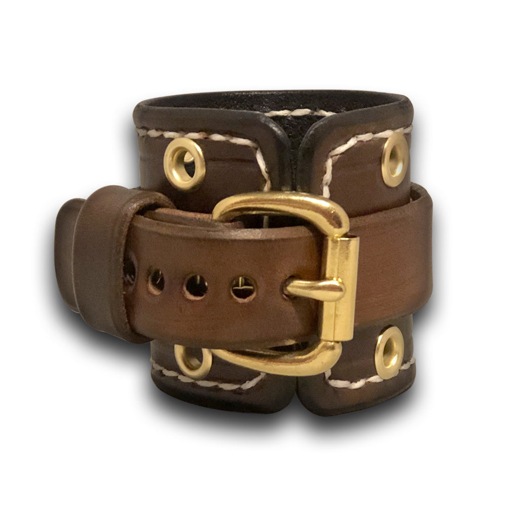 Bison Brown Leather Cuff Watch Band with White Stitching-Custom Handmade Leather Watch Bands-Rockstar Leatherworks™
