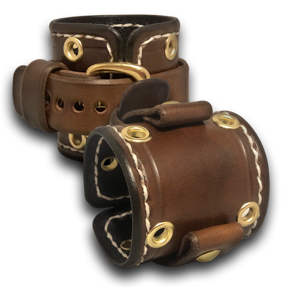 Bison Brown Leather Cuff Watch Band with White Stitching-Custom Handmade Leather Watch Bands-Rockstar Leatherworks™